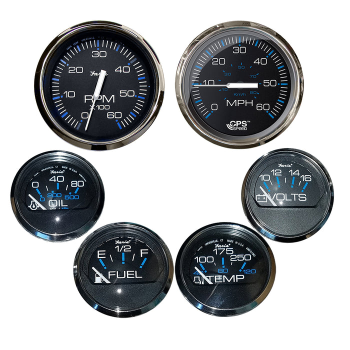 Faria Chesapeake Black w/Stainless Steel Bezel Boxed Set of 6 - Speed, Tach, Fuel Level, Voltmeter, Water Temperature  Oil PSI - Inboard Motors [KTF064]