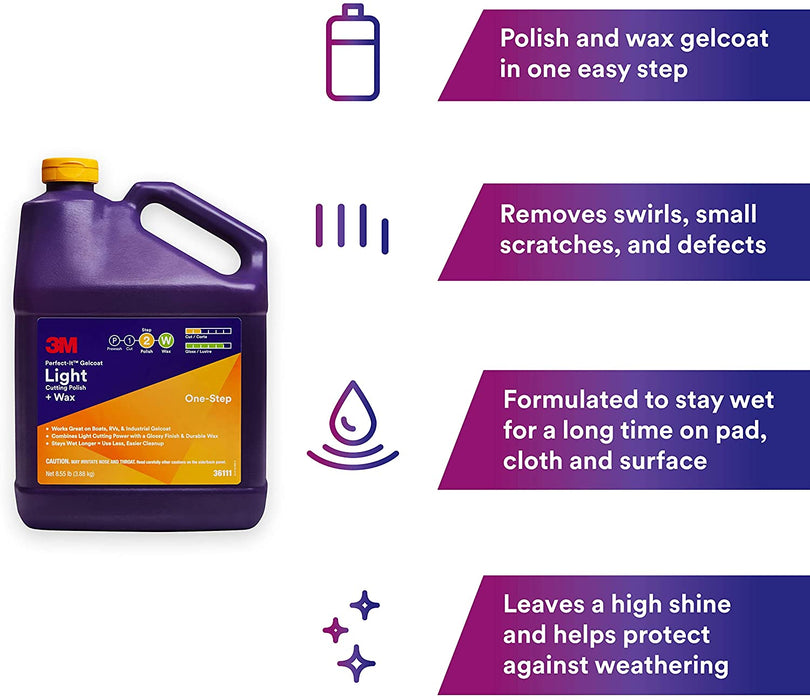 3M Perfect-It Gelcoat Light Cutting Polish + Wax, 36111, 1 Gallon, One-Step Process, Removes Scratches and Swirls, Light Oxidation Remover for Boats and RVs