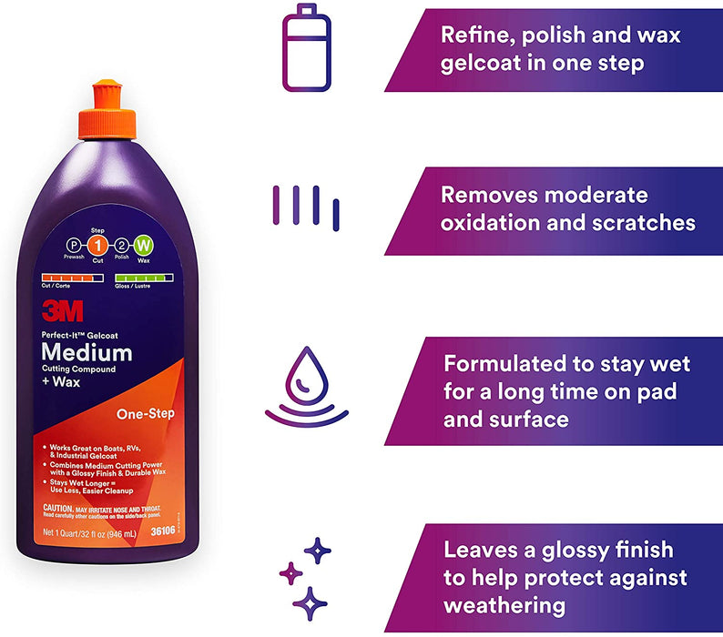 3M Perfect-It Gelcoat Medium Cutting Compound + Wax, 36106, 1 Quart, One-Step Process